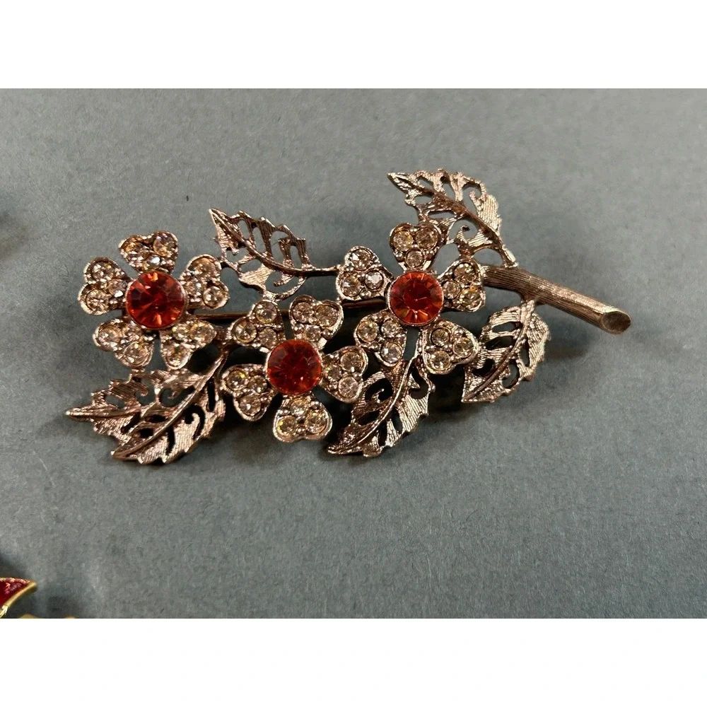 Vintage Brooch Lot 3pc Blue Rhinestone Bow Red Floral Faux Pearl Gold Tone Pins